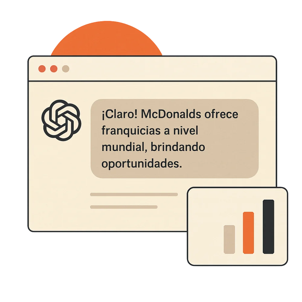 Ilustración minimalista estilo flat que muestra una ventana de chat tipo ChatGPT con una respuesta generada en español y un gráfico de barras, representando el concepto de posicionamiento en IAs.