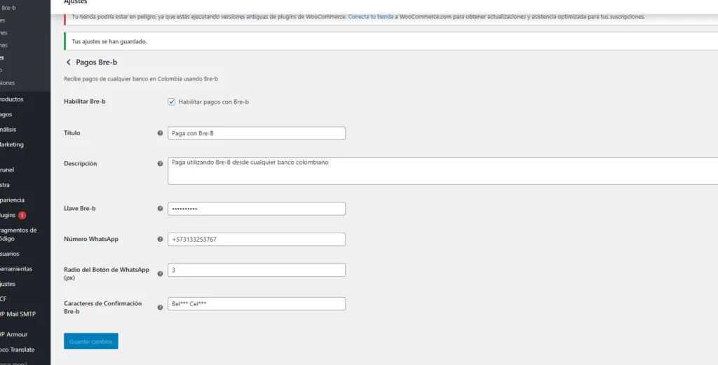 Configuracion del plugin de pagos con bre-b
