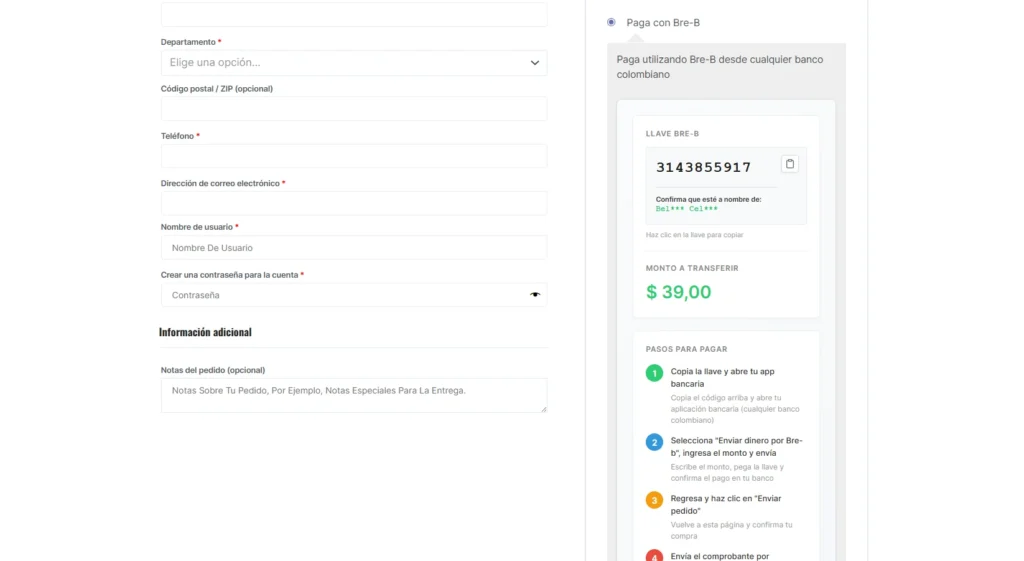 Capatura checkout pagos con bre-b