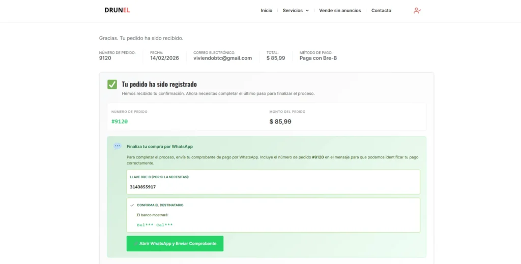 Pagina de gracias plugin de pagos Bre-B Woocomerce