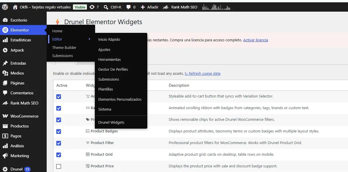 Ubicación de Drunel Widgets dentro del menú de Elementor