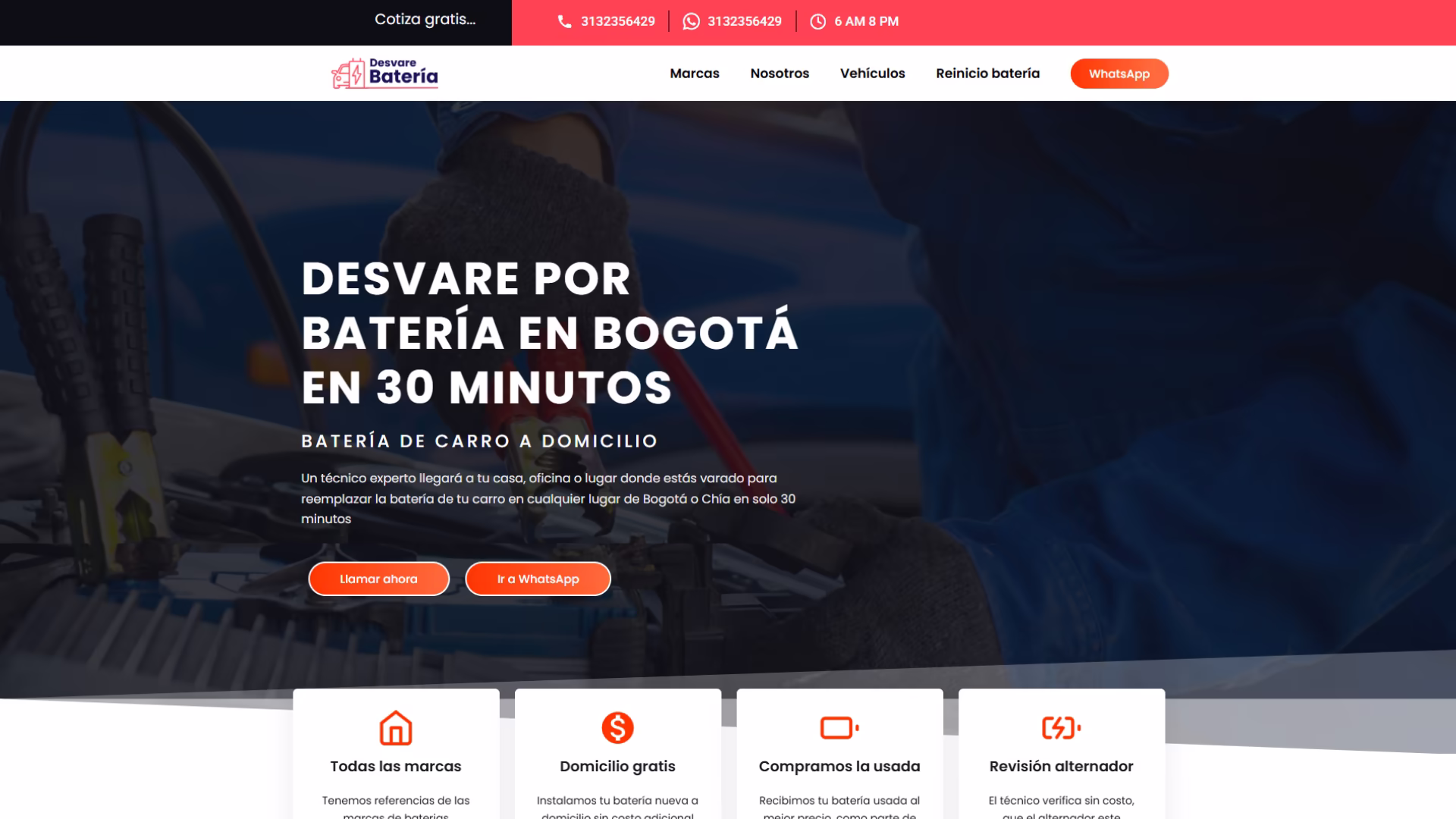 Página web del servicio Desvare Batería diseñada por Drunel