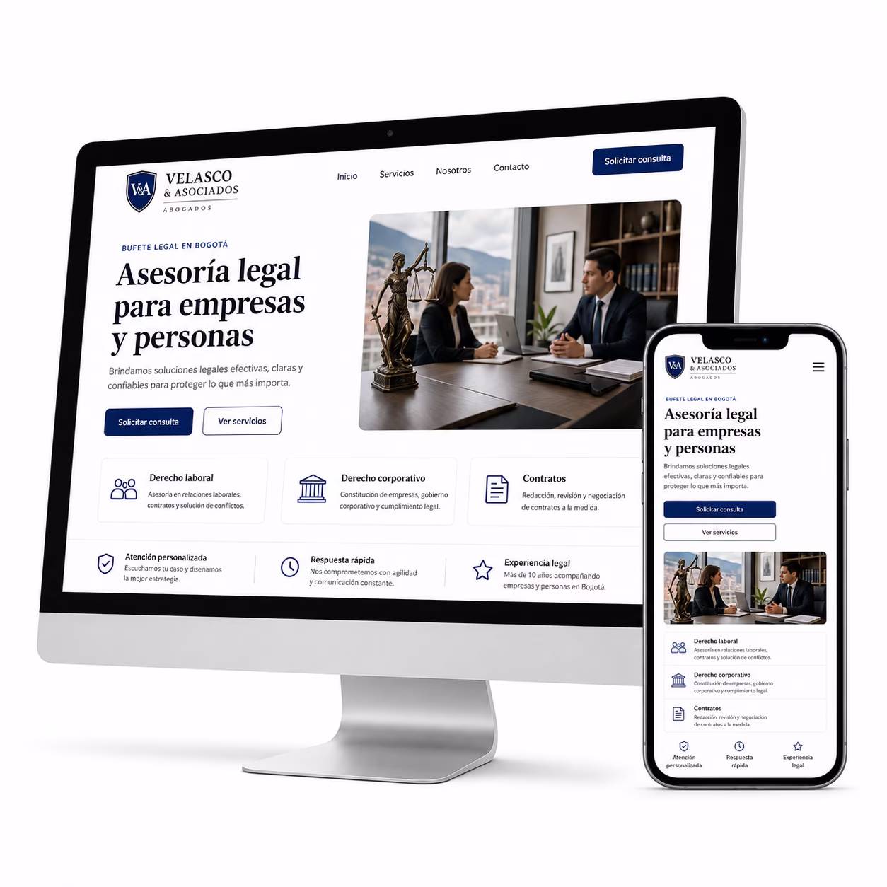 Diseño de página web profesional mostrado en computador y celular