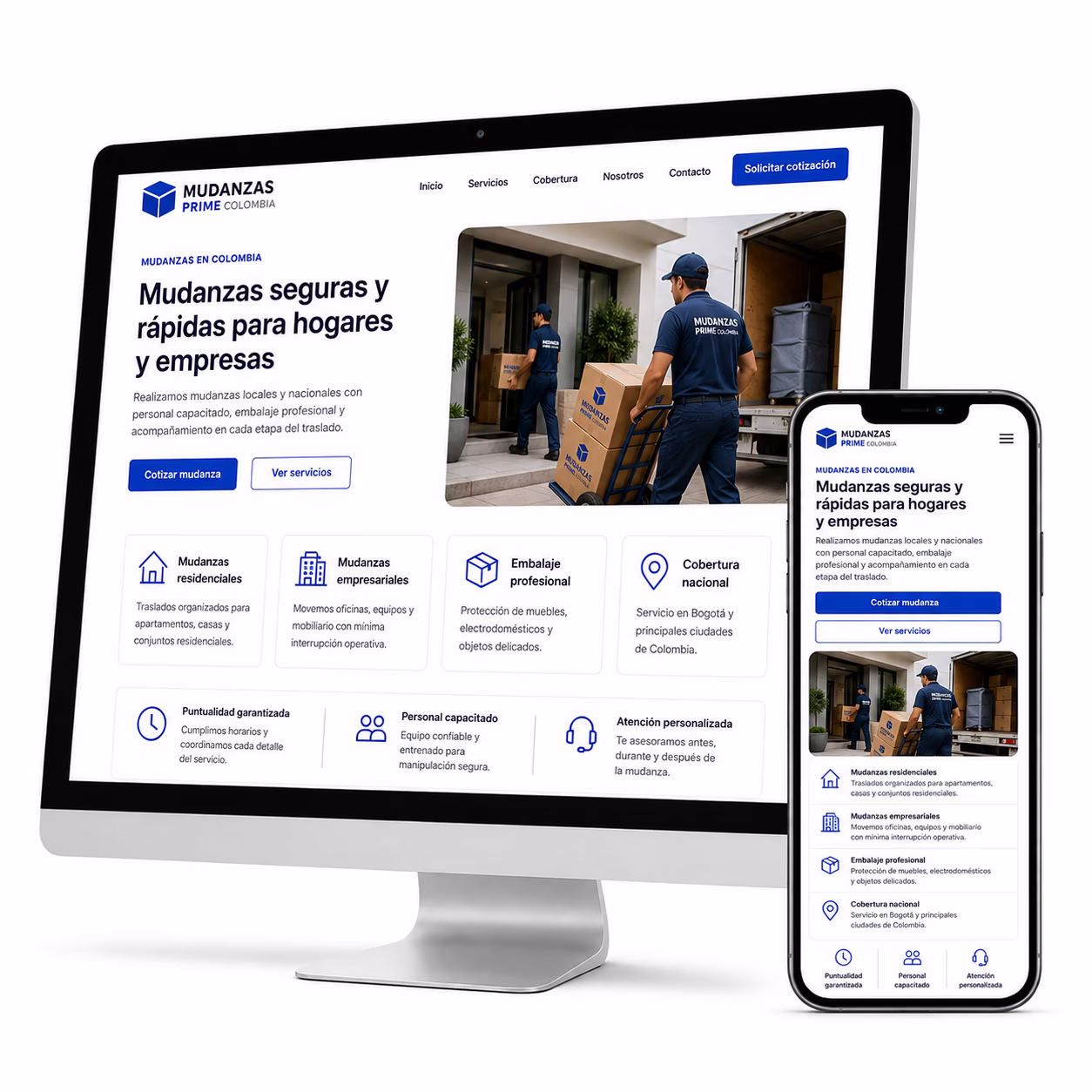 Diseño de página web para un negocio de servicios mostrado en computador y celular