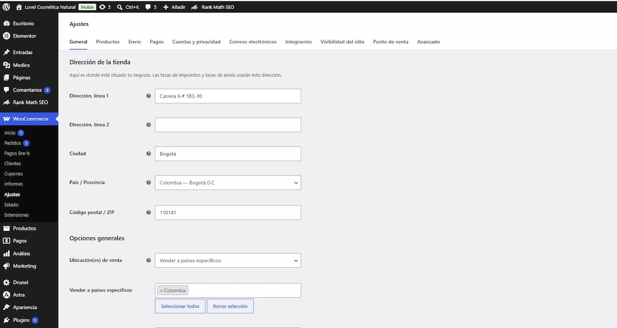 Ajustes generales de WooCommerce para configurar pais moneda y ubicacion de la tienda