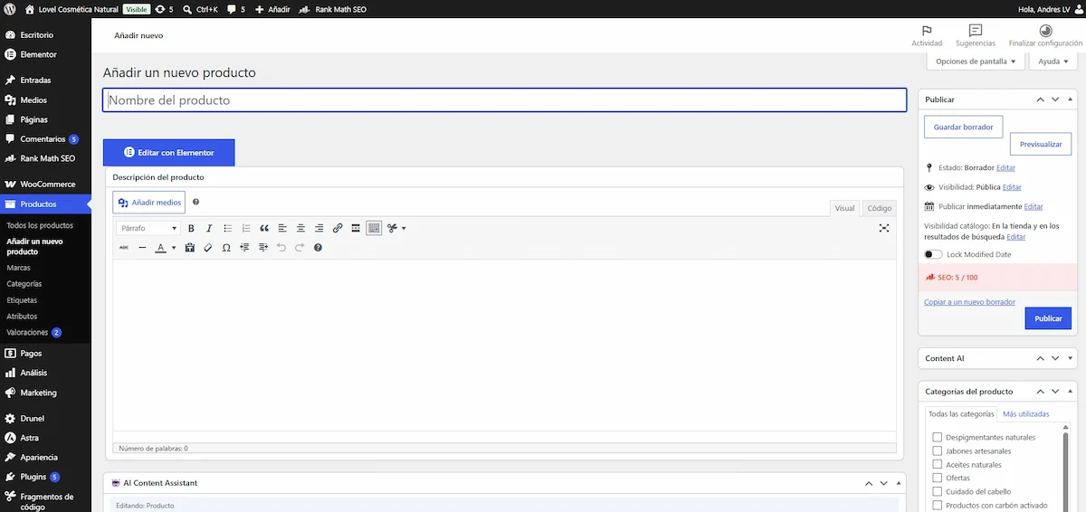 Pantalla para anadir un nuevo producto en WooCommerce con nombre descripcion y precio