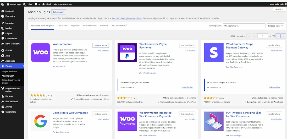 Pantalla de WordPress para instalar el plugin WooCommerce desde Plugins y Anadir nuevo