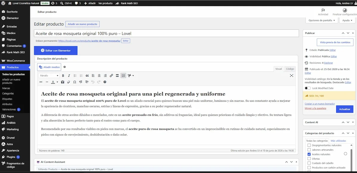 Pantalla de edicion de producto en WooCommerce con campos principales completados