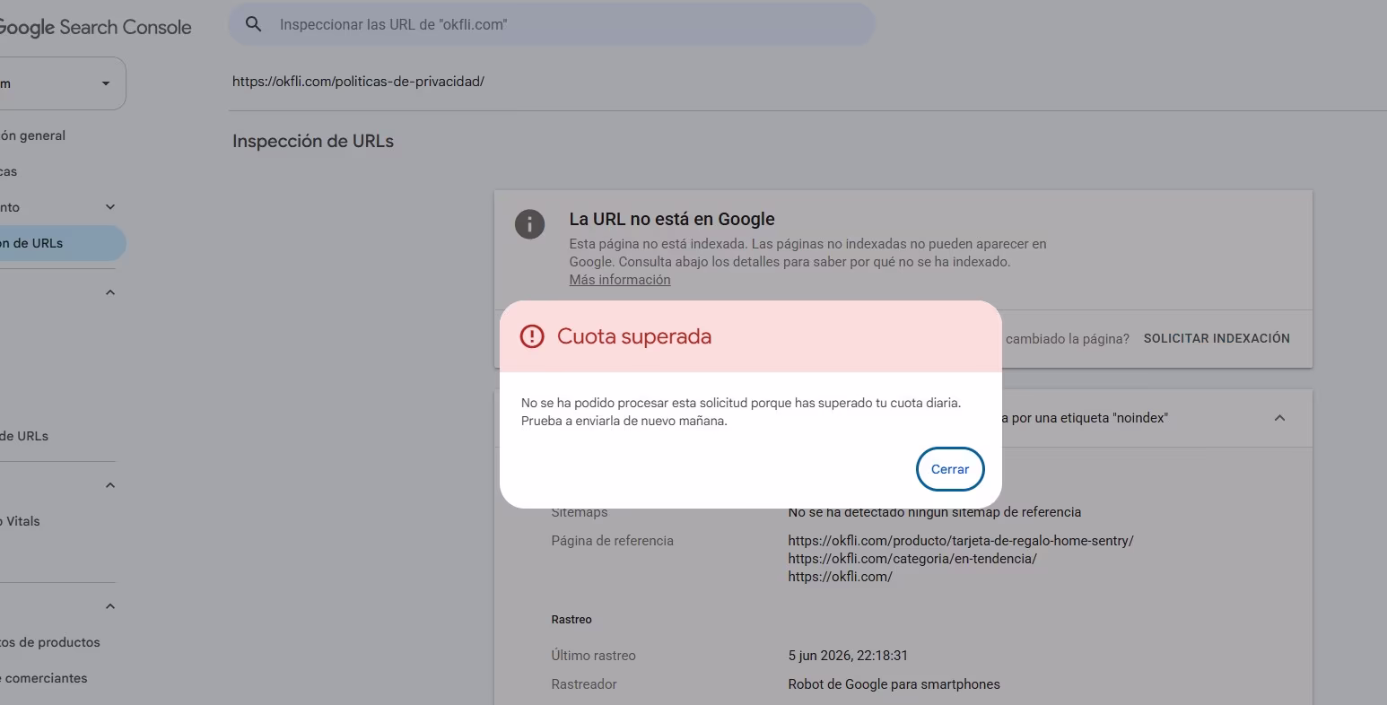 Mensaje de cuota superada en Search Console al solicitar la indexación