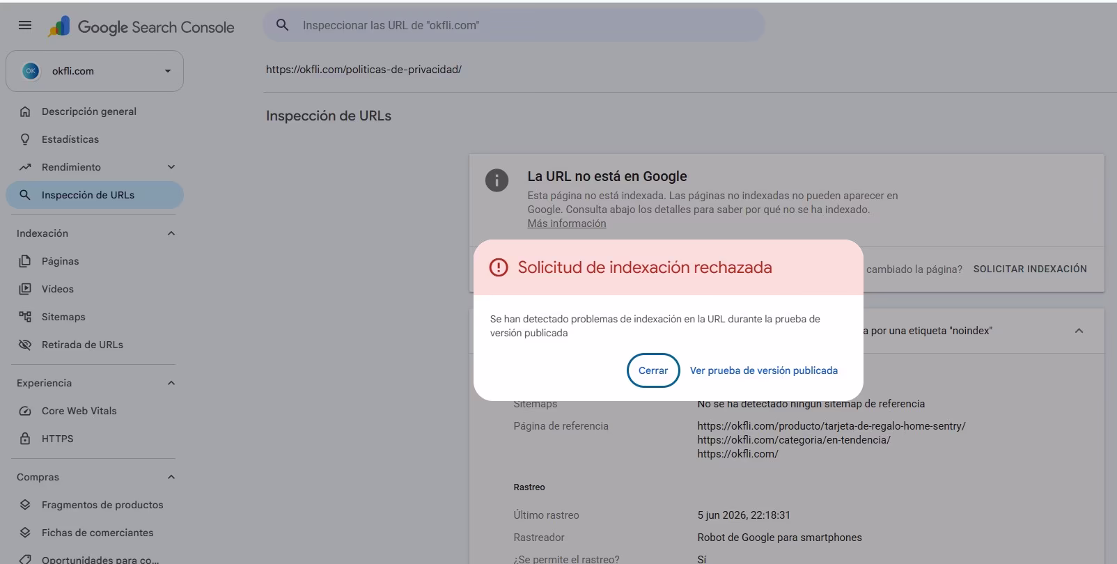 Detalle de Search Console: la página está excluida por una etiqueta noindex