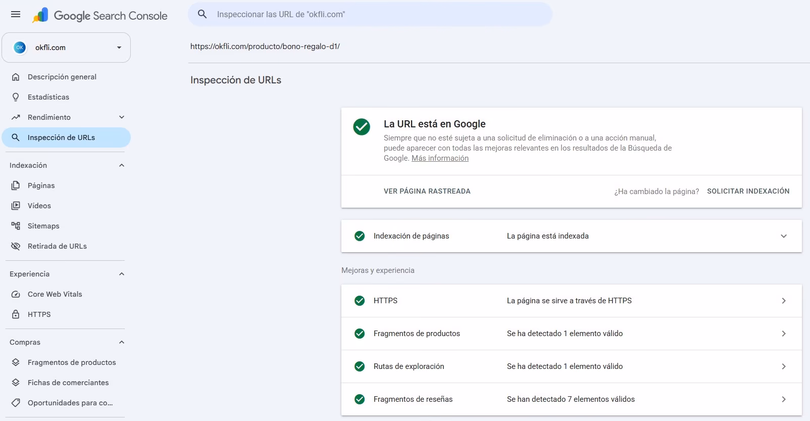 Search Console mostrando el mensaje: la URL está en Google, página indexada
