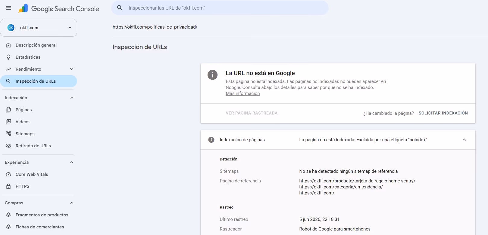 Search Console mostrando el mensaje: la URL no está en Google