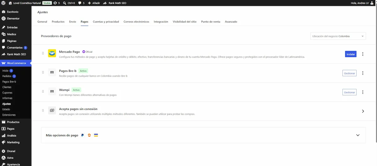 Pantalla de pagos de WooCommerce para activar metodos de pago en una tienda online