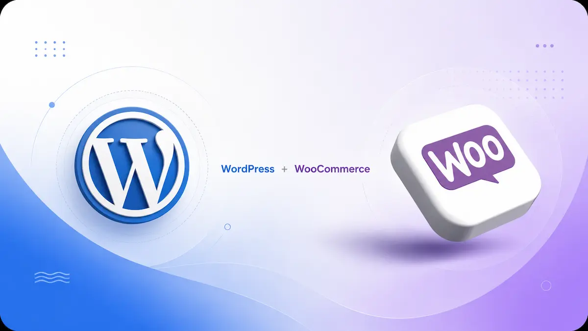 Logotipos de WordPress y WooCommerce integrados sobre un fondo degradado para el desarrollo de tiendas online.